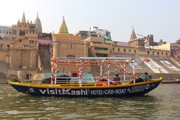 Flower-decorated boat on the Ganga