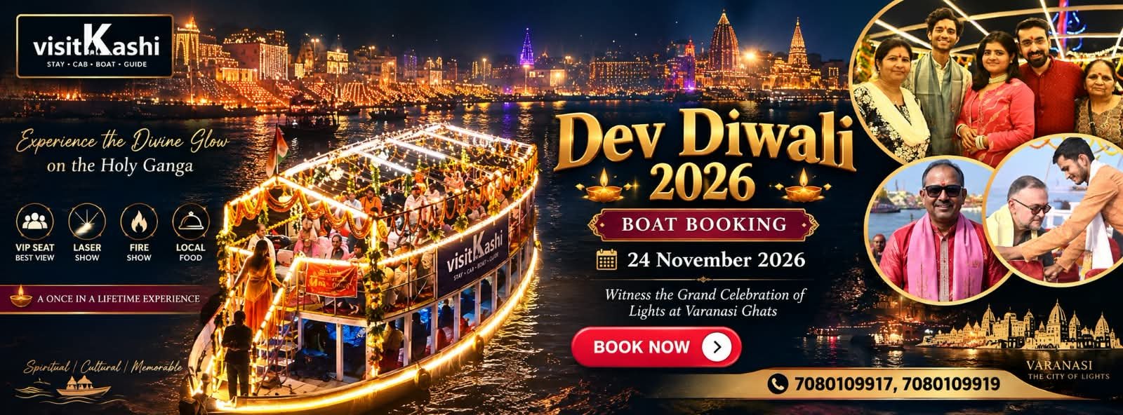 Dev Diwali 2026 boat booking promotion for 24 November, showing an illuminated boat, Varanasi ghats and guests