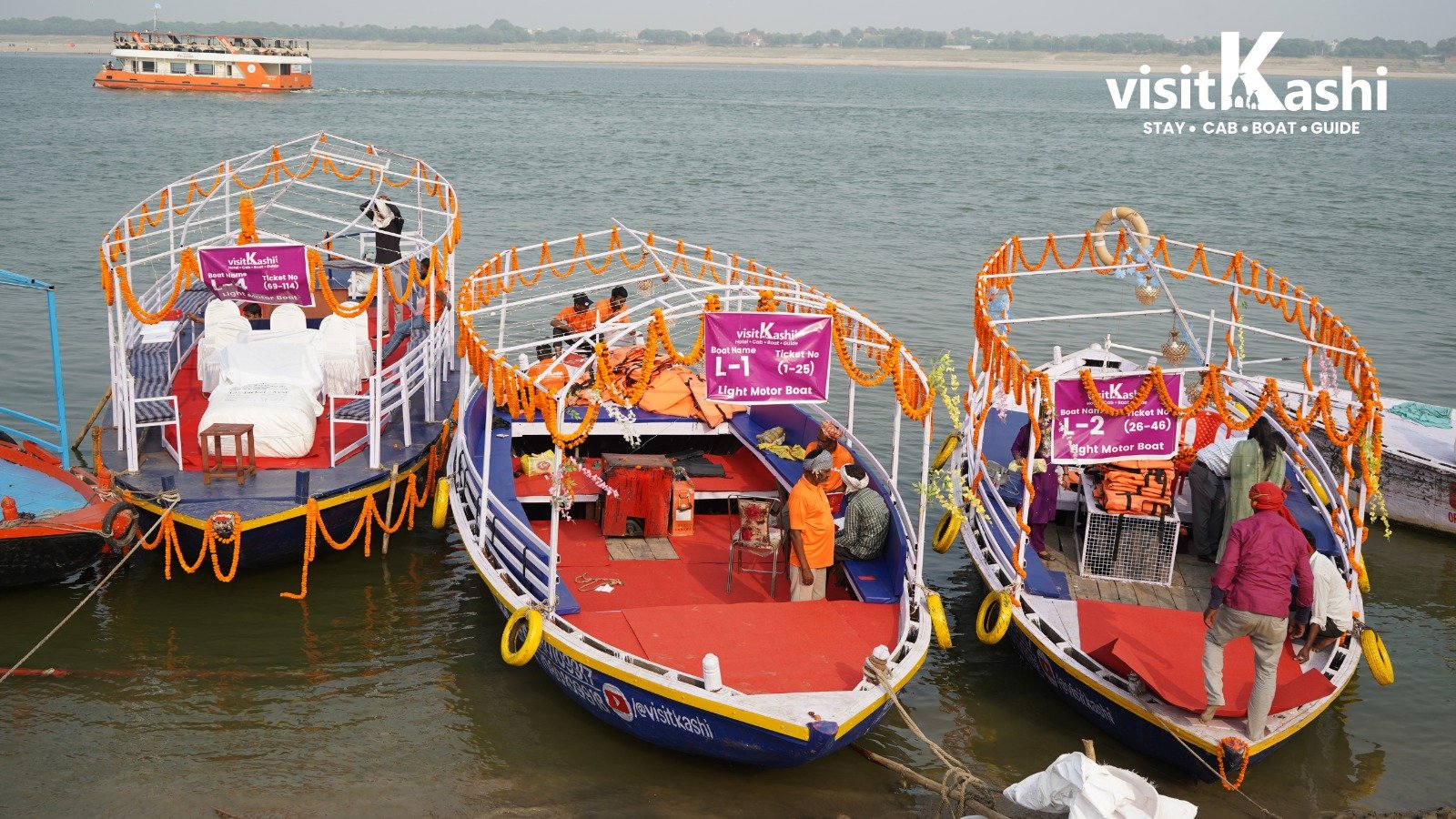 Illustration of the illuminated Varanasi ghats viewed from a boat on Dev Diwali